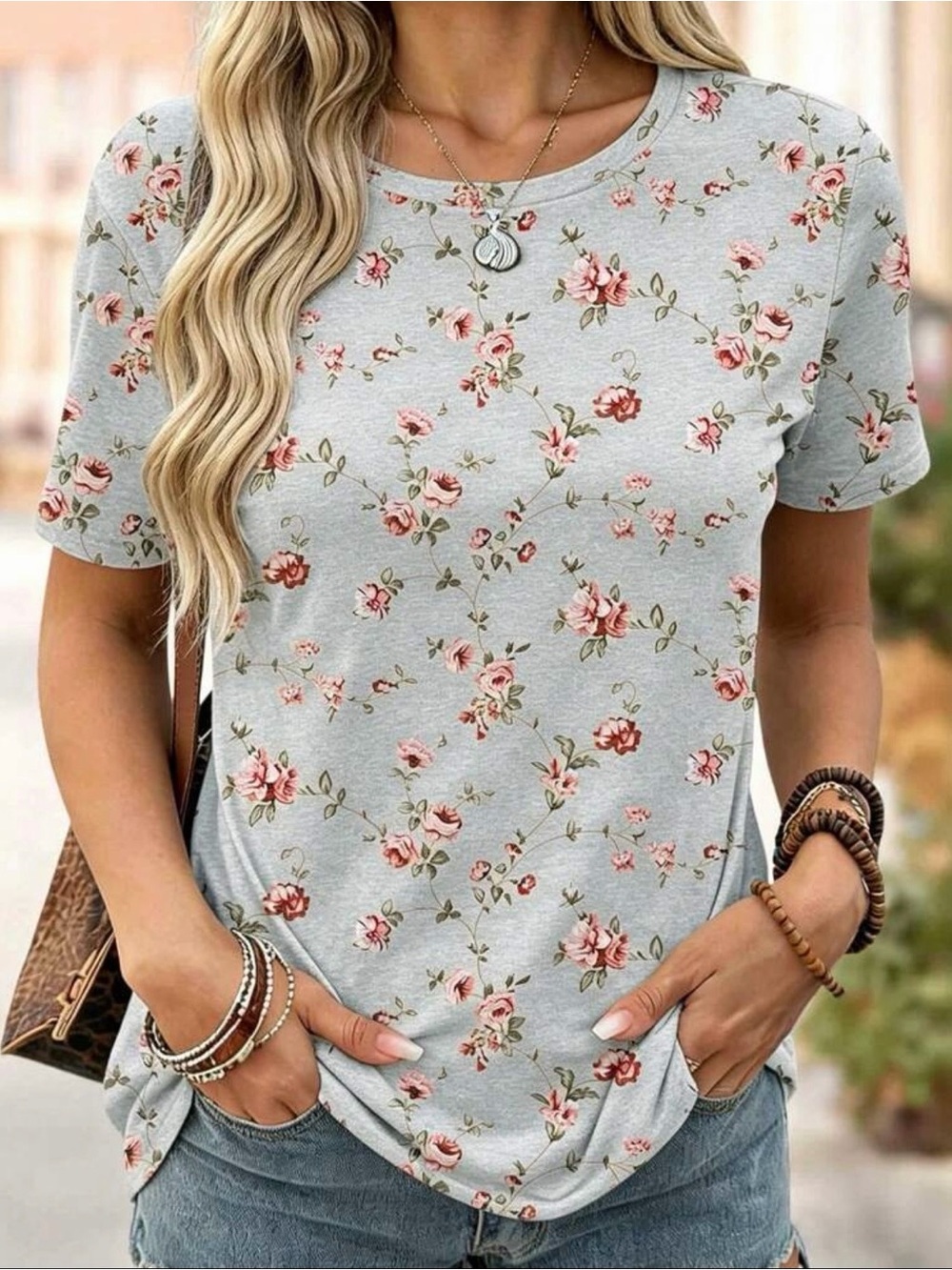 SHEIN Light Gray Short Sleeve Tee with Pink Rose Print